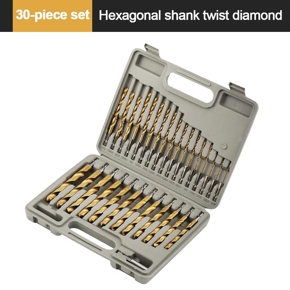 

Twist Drill Bit 30-Piece Set High-Speed Steel Titanium-Coated Imperial Hex Shank Drill Bits Combination Drill Bit Set коричневый