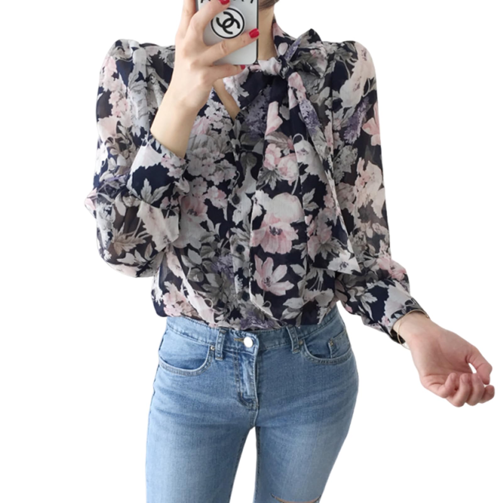 

Платье с длинным рукавом, цветочным принтом и лентой, открытое, идеально для повседневной носки и осени [Leadamon-oee] Женская рубашка, V-образный вырез, прозрачный топ, спереди, подчеркивающее фигуру, чёрный