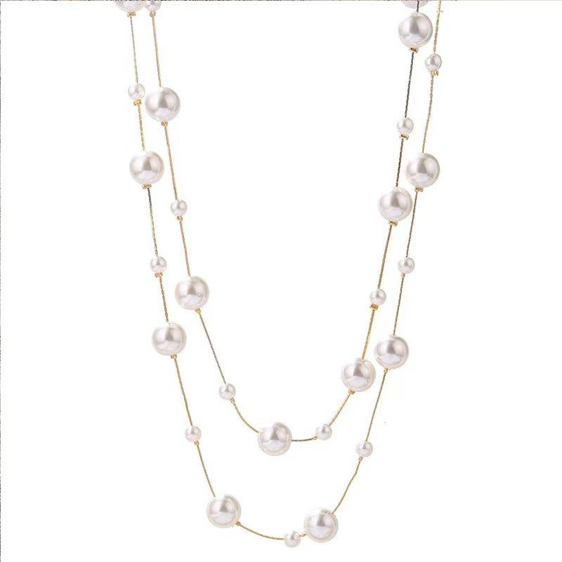 French Pearl Layered Sweater Chain: Women's High-End Starry Necklace for Chic Style