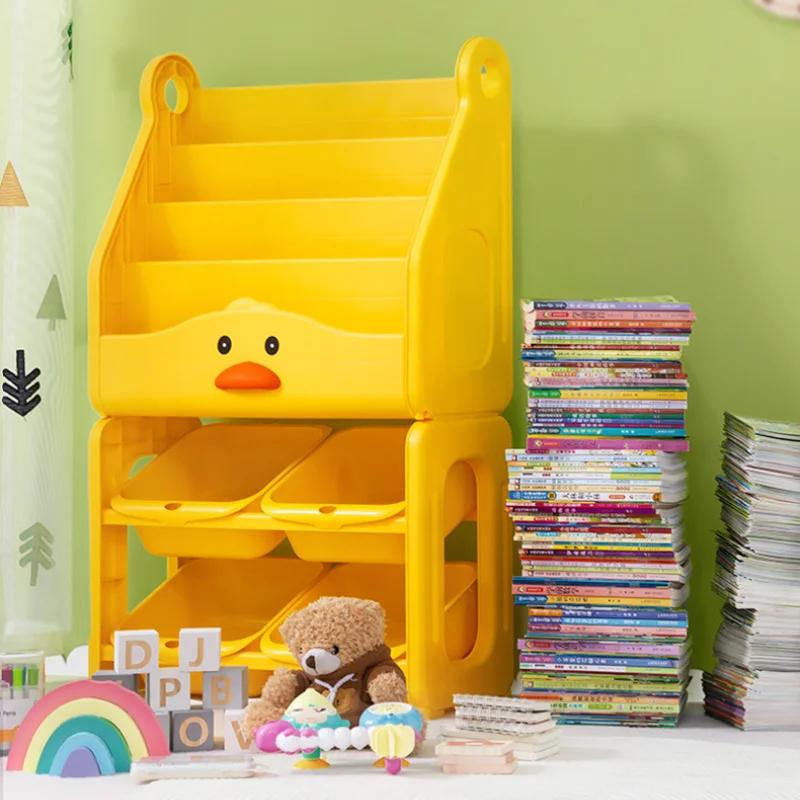 Porte-présentoir d'atterrissage pour livres illustrés mobile monté au sol pour enfants, Étagère de rangement de livres multicouches de grande capacité et tabouret mignon