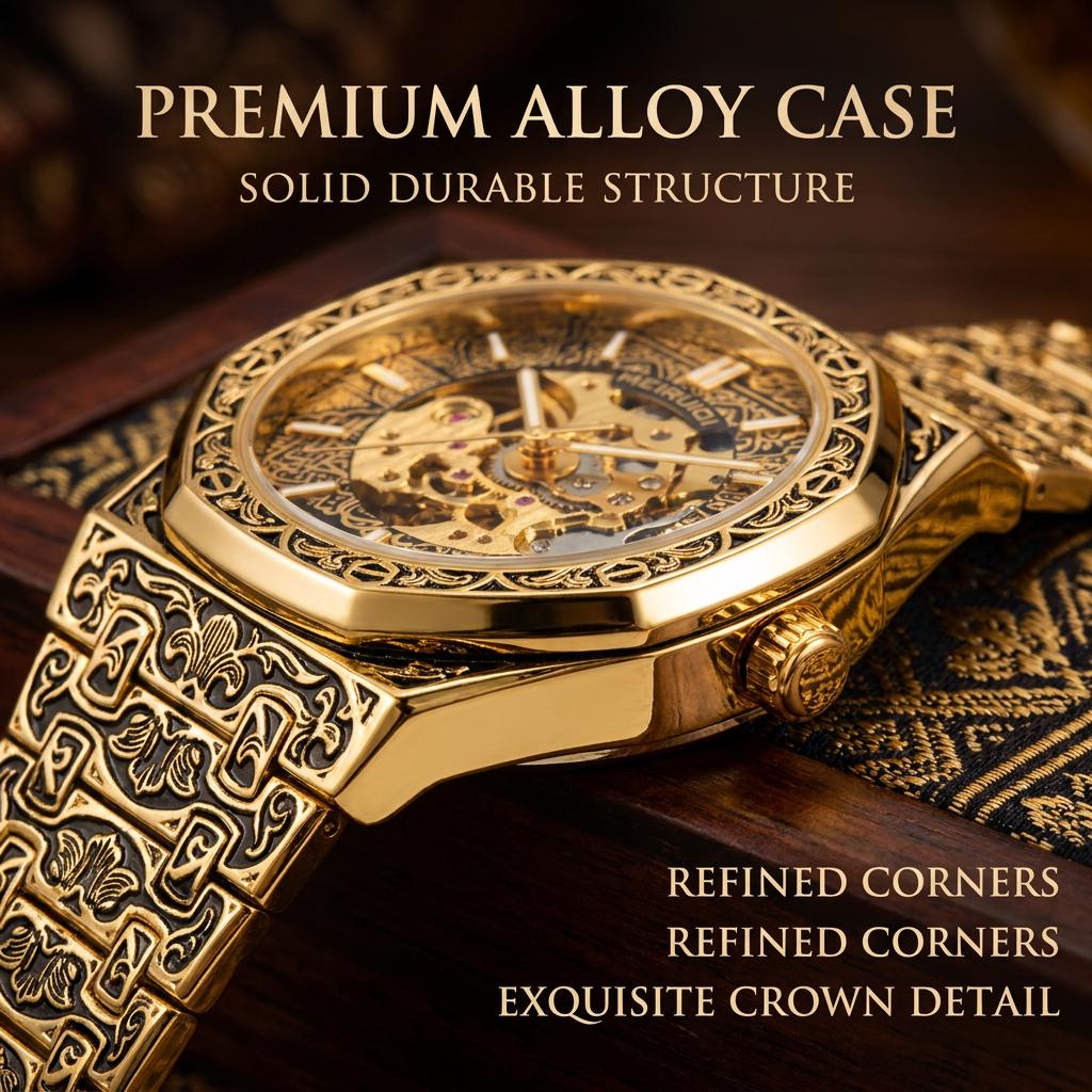 1pcs Men's Gold Dial Alloy Strap Vintage Fashion Automatic Skeleton Details Mechanical Watch for Business Party Holiday