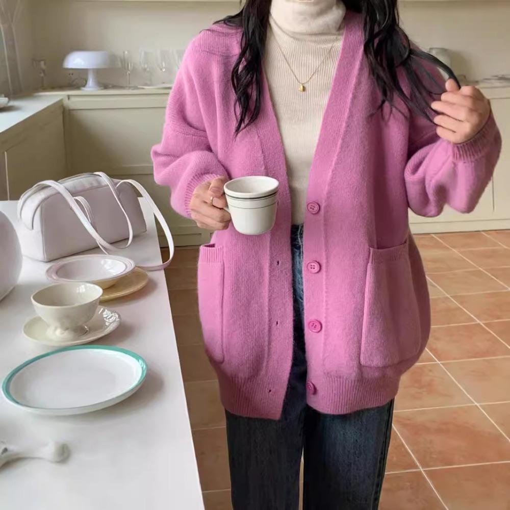 Solid Color Milk Style Autumn and Winter Sweater Cardigan Women's New Lazy Style Loose V-neck Gentle Knitted Coat Top
