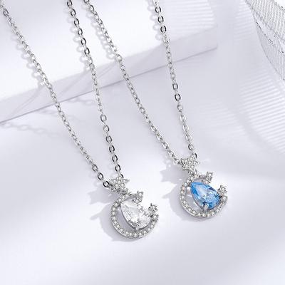 S925 Sterling Silver Star And Moon Covenant Necklace Female Niche Design Bright Star Pendant Water Drop Inlaid Star And Moon Collarbone Chain