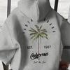 Cali‑breeze Men Hoodie Back Retro Palm‑tree Vintage Year‑mark Beach‑text Decor Pullover For Cozy Weekend Outdoor Activities