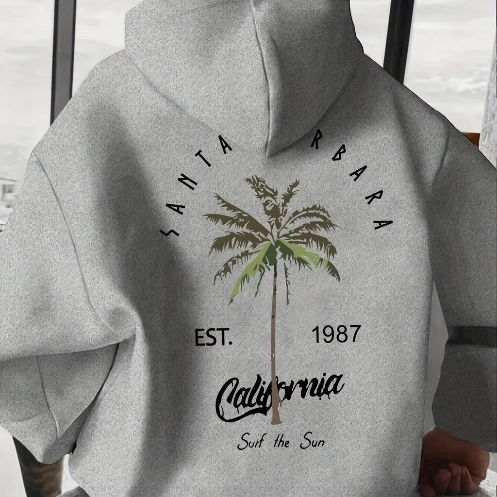 Cali‑breeze Men Hoodie Back Retro Palm‑tree Vintage Year‑mark Beach‑text Decor Pullover For Cozy Weekend Outdoor Activities