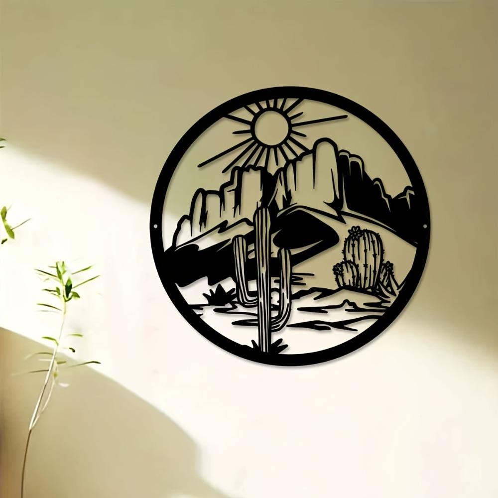 1pc Iron Cactus Sun Mountain Wall Art Desert Landscape Sculpture 11.81 Inch Indoor Outdoor Decor for Living Room Patio Balcony Office Farmhouse