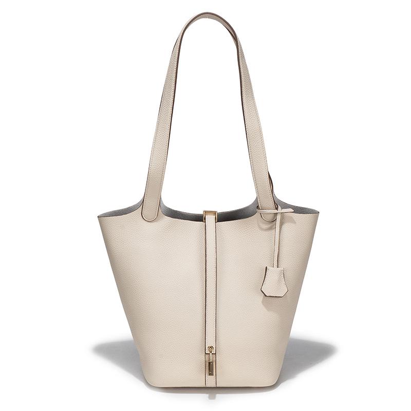 Extra Large Genuine Leather Single Shoulder Market Basket Bag - Top Layer Cowhide Exquisite Women's Handheld Bucket Bag