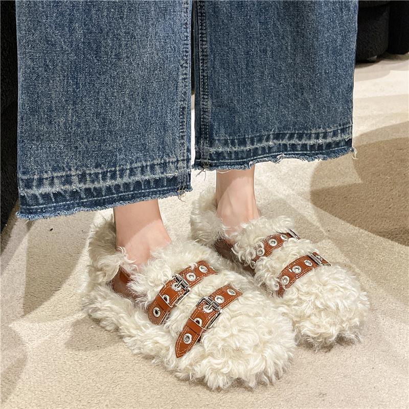 Women Shoes Autumn Slip-on Loafers Fur Female Footwear Casual Sneaker Square Toe Shallow Mouth Fall Slip On Winter Dress White