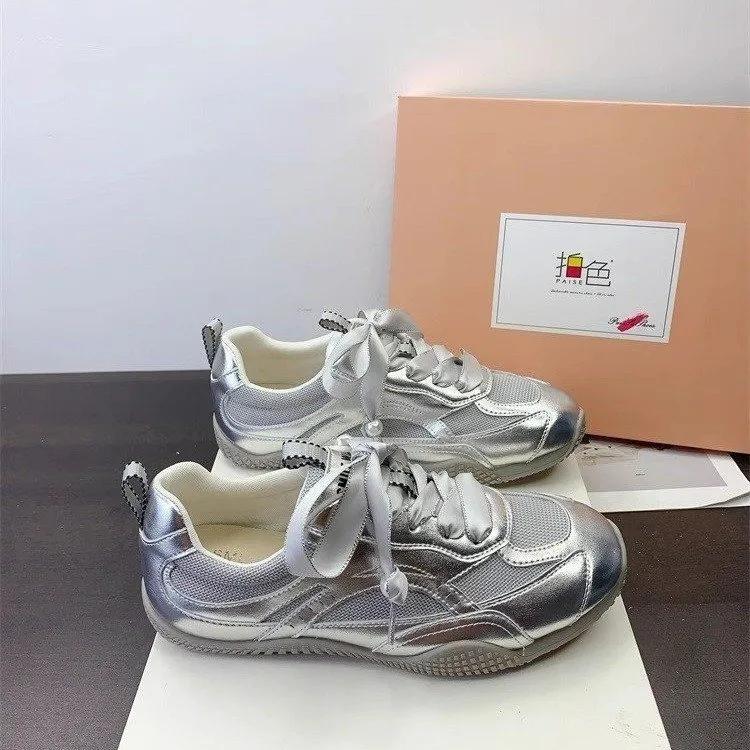 New Leather Women Sneakers Lace Up Mesh Breathable Flat Casual Shoes Silver Flats Spring Autumn Shoes