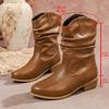 Fashion Brown Pu Leather Pleated Ankle Boots Women Plus Size 36-43 Thick Heeled Western Booties Mujer 2025 Slip On Cowboy Boots Woman