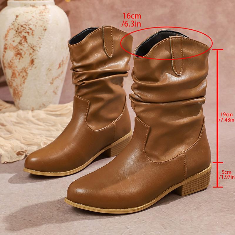 Fashion Brown Pu Leather Pleated Ankle Boots Women Plus Size 36-43 Thick Heeled Western Booties Mujer 2025 Slip On Cowboy Boots Woman