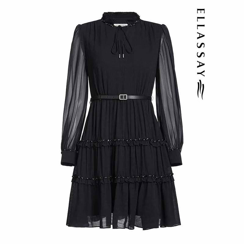 ELLASSAY Women's Autumn Chiffon Dress with Metal Chain