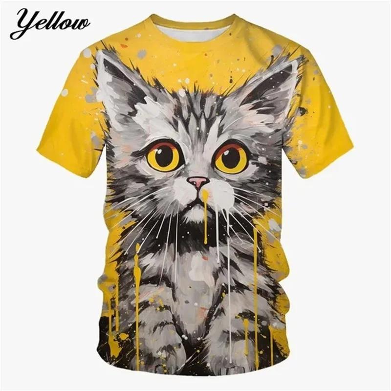 Cute Cat Pattern T-Shirt For Men Colorful Animal 3D Printed T Shirts Women Short-Sleeved Round Neck Tops Streetwear Kids Tees