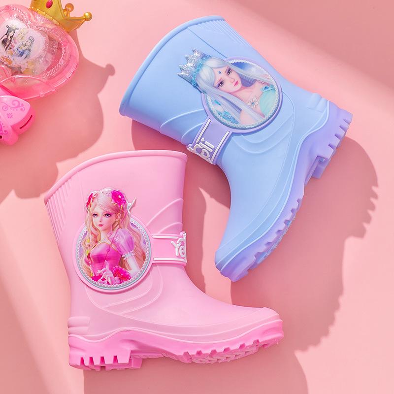 Ye Luoli High Tube Rain Boots Four Seasons3-7Year-old Rubber Boots Kindergarten Rain Boots for Girls, Big Kids, Fleece-lined Cartoon Water Shoes for