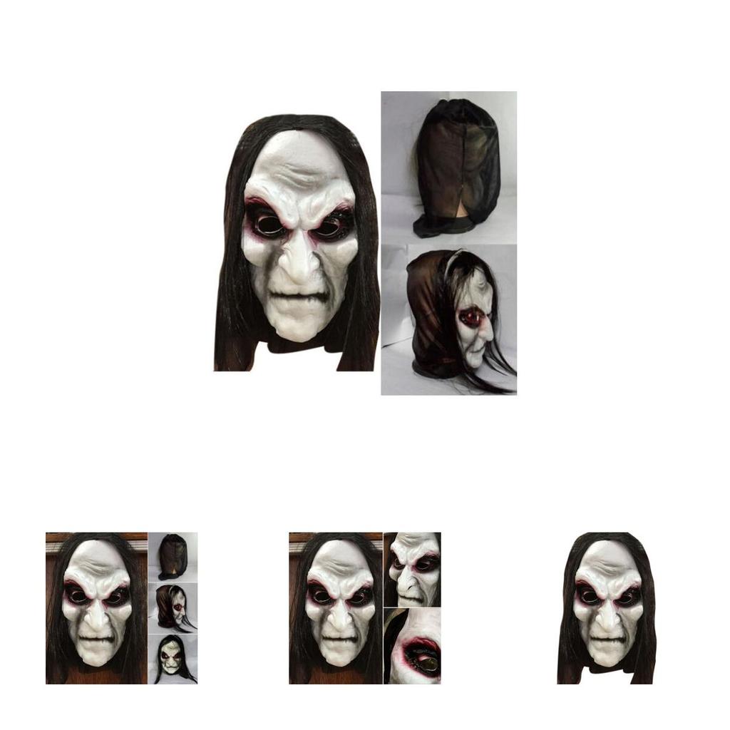 מסכת האלווין איכותית שחורה עם שיער ארוך, כיסוי ראש מלא למסיבות קוספליי מפחידות