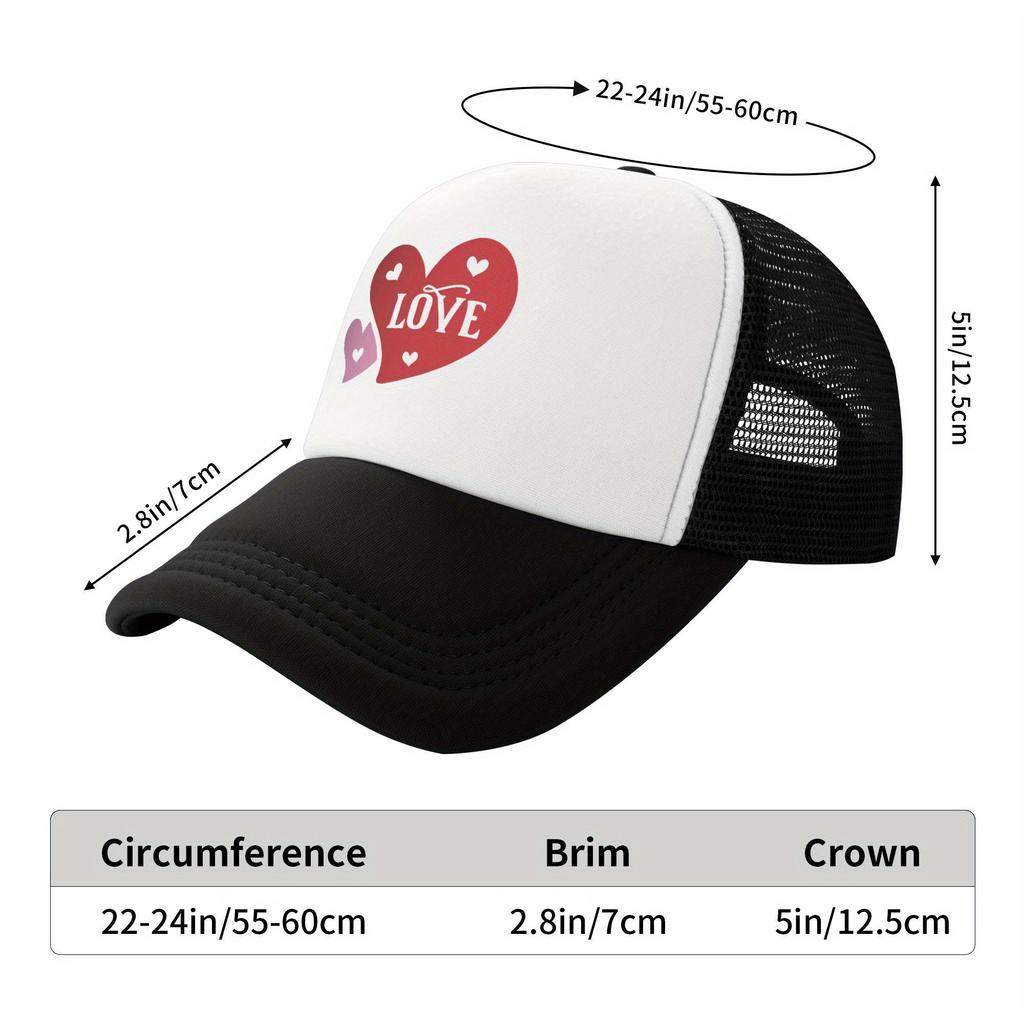 Love Heart Graphic Mesh Trucker Hat Polyester Casual Adjustable Snapback Baseball Cap for Men Women