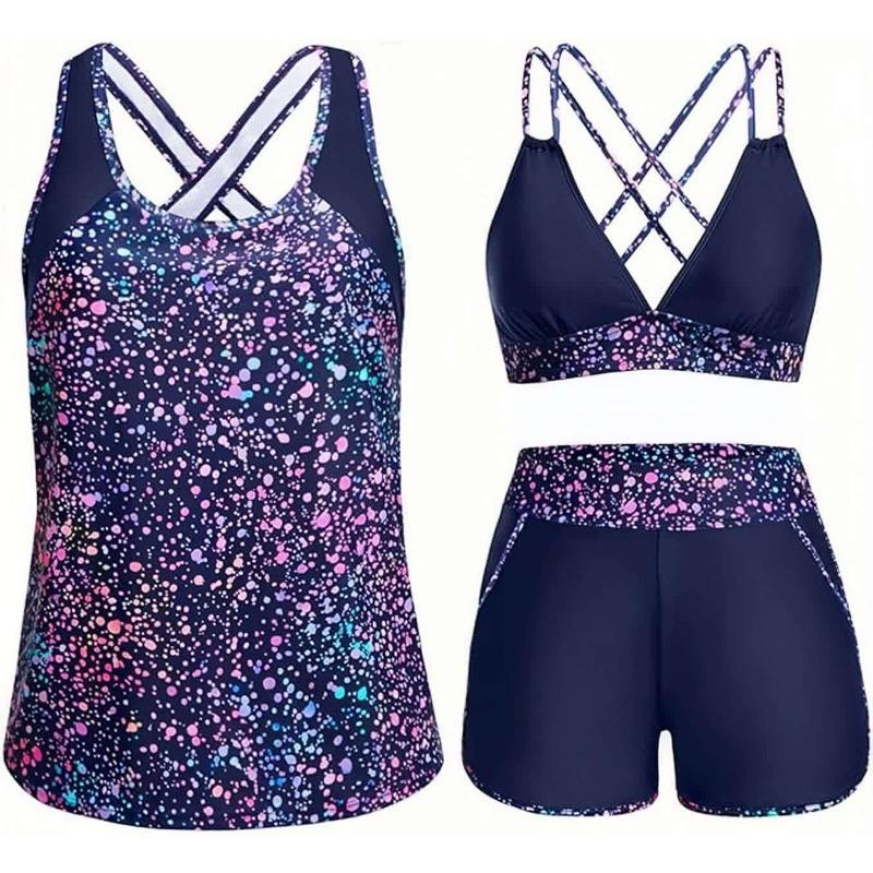 Costume da Bagno Intero a Tre Pezzi da Donna con Tasche Design Incrociato Bellissimo Dorso Bikini Boxer Costume da Bagno Sportivo