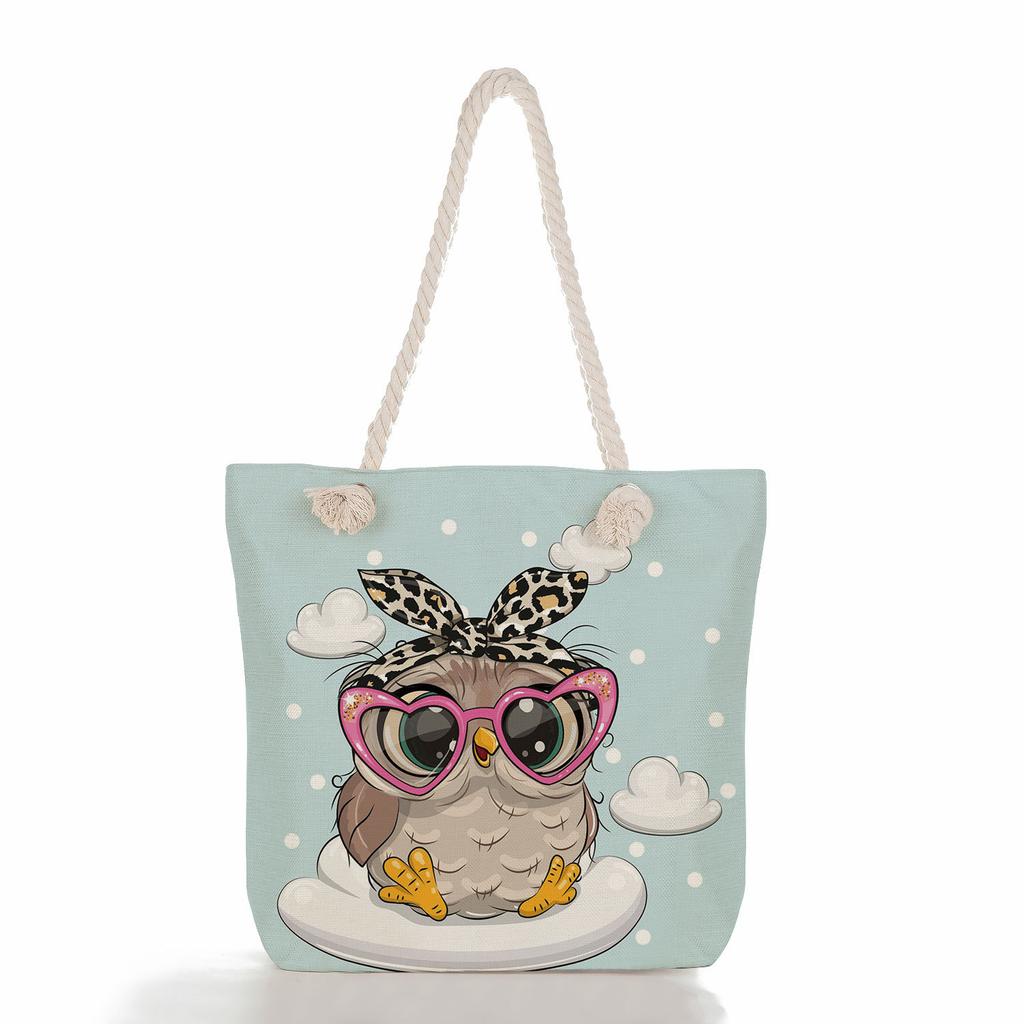 Cute owl print thick rope single-shoulder beach bag 7288 CLE