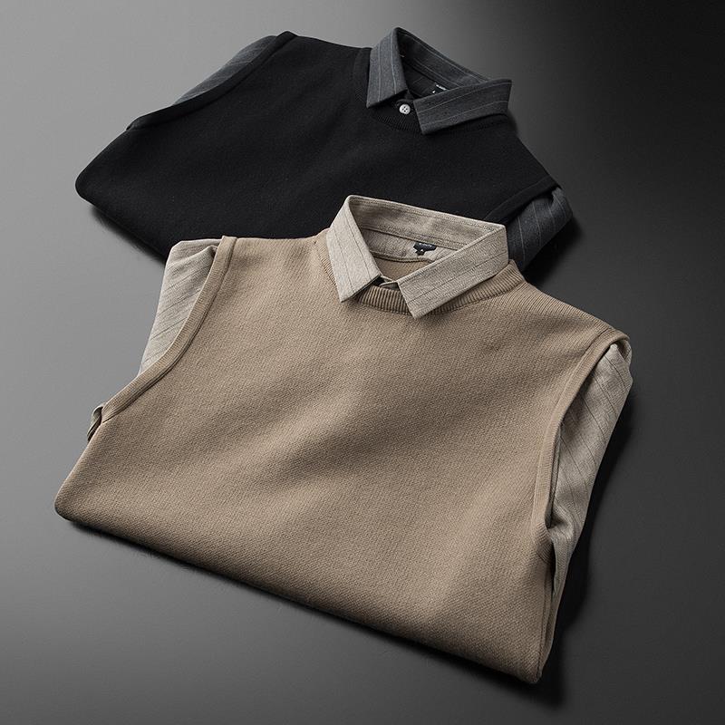 Men's Sweater Autumn Winter Lapel Fake Two Casual Knitwear Patchwork Color Contrast Slim-fit Business