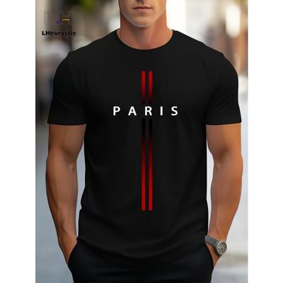 Men's Summer Loose Size PARIS Letter Graphic Printed Slim Fit Casual Sports Round Neck Short Sleeved T-shirt Top