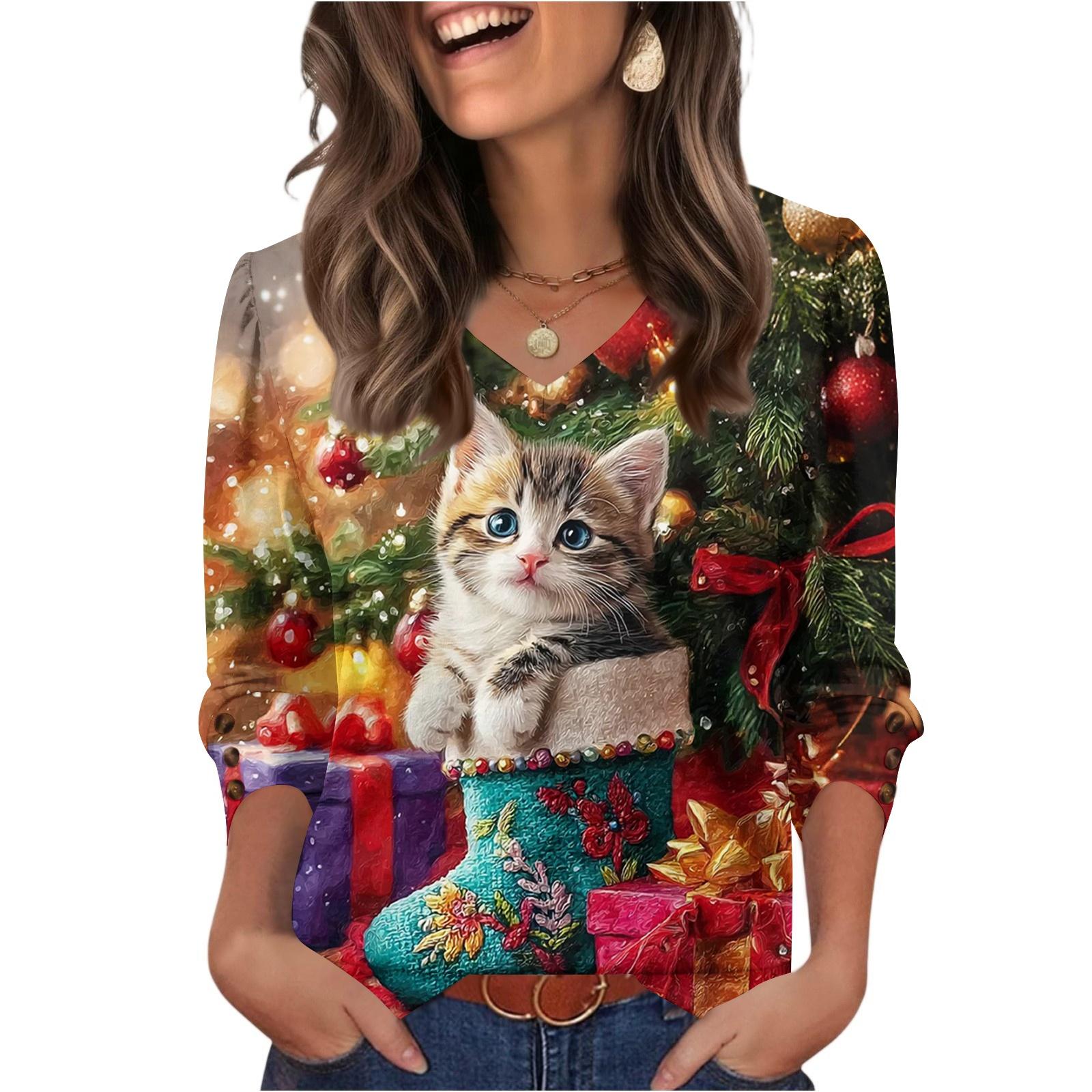 

Женский модный повседневный топ с V-образным вырезом и рождественским принтом XL винный