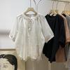 Korean Style Retro Stand Collar Loose Fit Short Sleeve Women's Doll Shirt