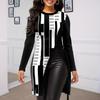 Women Autumn Winter Geometric Print Blouse O-neck Long Sleeve Side Split Hem Mid-length Pullover Tunic Tops Streetwear
