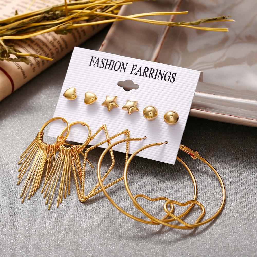 IF ME Korean Geometric Tassel Earring Set Simple Retro Leaf Heart Gold Earrings Jewelry Accessories