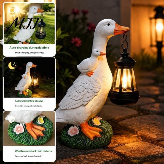 Outdoor Lighting for Garden Duck Statue with Solar Lantern, Cute Mom And Baby Sculpture Decorative Yard Art Lights Lamp, Waterproof Resin Light