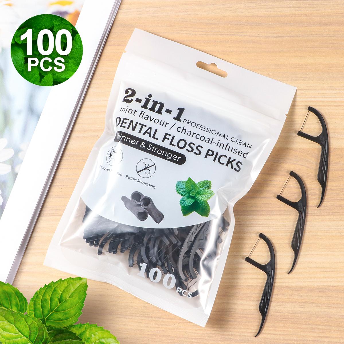 

30/100 ультратонких одноразовых зубных нитей с бамбуковым углем и мятой - незаменимая портативная зубная нить для выхода в свет