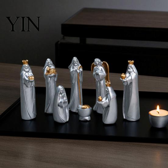 Religious Christmas Table Decor 8 Pcs Resin Nativity Figurines Set, Christian Scene Figures, Hand Painted Sculptures Tabletop Miniature Statues