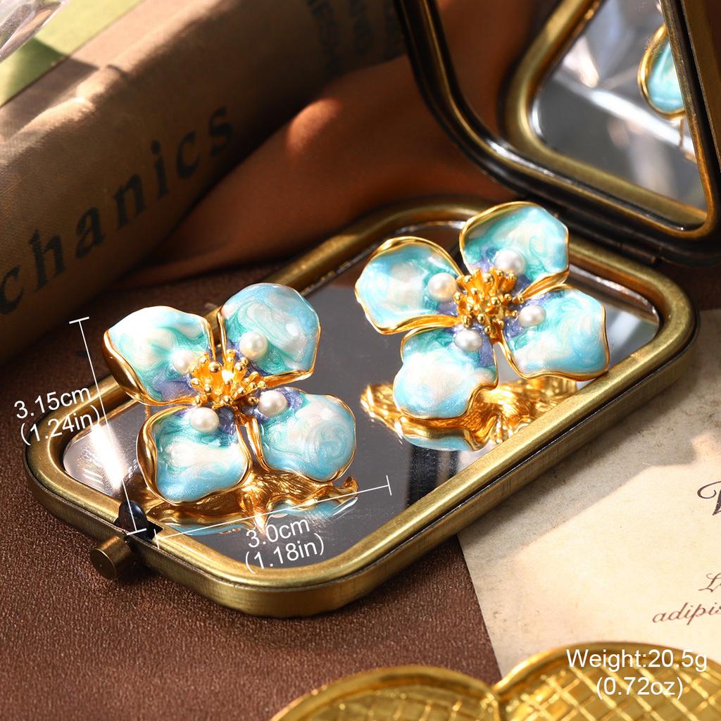 French retro oil painting style earrings niche high-end natural pearl stud earrings women's new Chinese hand-painted enamel earrings