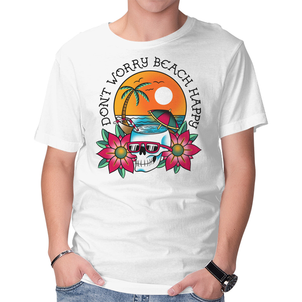 Unisex Crew Neck T-Shirt Don t Worry Beach Happy Graphic Short Sleeve Casual Tee XXXL