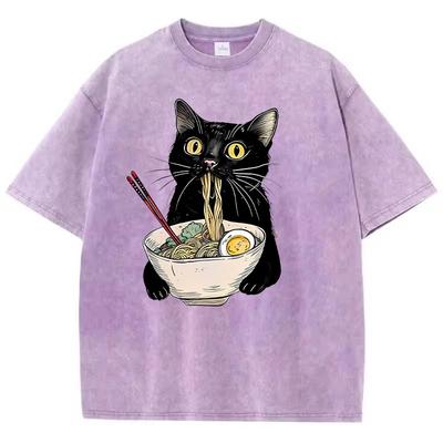 T-shirt Hip Hop Unisex Lavata Vintage 100% Cotone T-shirt Nera Grafica Gatto Retro che Mangia Ramen Tee Streetwear Casual
