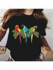 Colorful Parrot With Tropical Flowers Print T Shirt Wounisex Cockatiels Bird Black Tshirt Femme Kawaii Clothes Female T-Shirt Tops