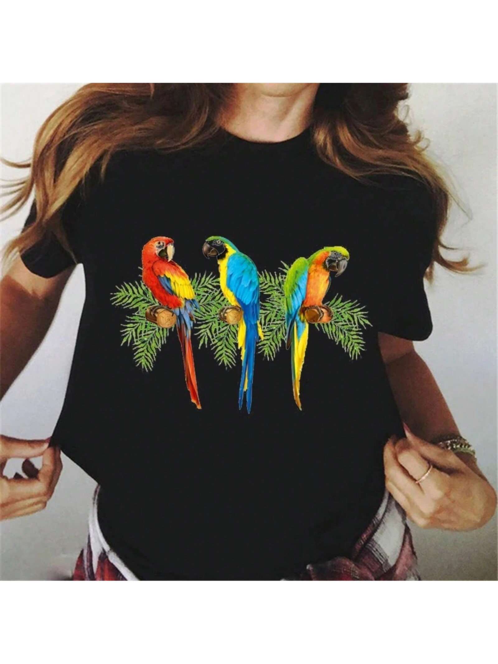 Colorful Parrot With Tropical Flowers Print T Shirt Wounisex Cockatiels Bird Black Tshirt Femme Kawaii Clothes Female T-Shirt Tops S разноцветный