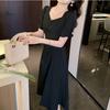 New Elegant Pleated Mid Length Dress Square Neckline with Puff Sleeves A Line Dress Waist Cinching Flowing Casual Dress Suitable for Workplace Office