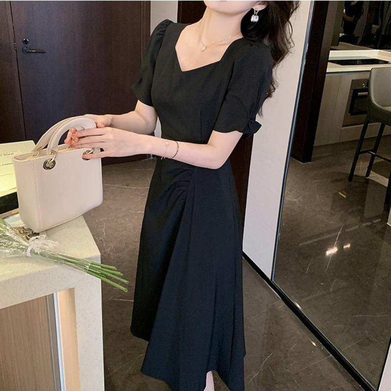 New Elegant Pleated Mid Length Dress Square Neckline with Puff Sleeves A Line Dress Waist Cinching Flowing Casual Dress Suitable for Workplace Office