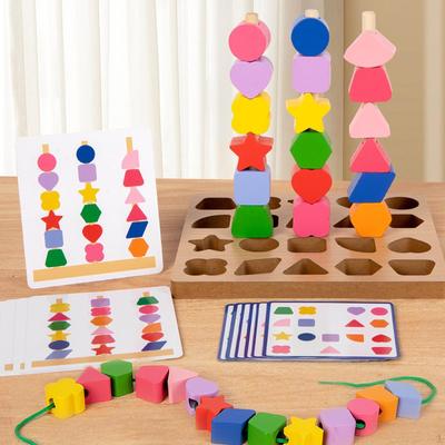 Montessori Wooden Beads Sequencing Toy Set Lacing Matching Game Threading Toys for Children 2