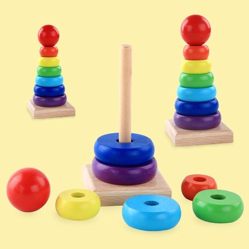 Non-Toxic Montessori Wooden Rainbow Stacker Color Recognition & Hand-Eye Coordination Toy For Babies 1-3 Years