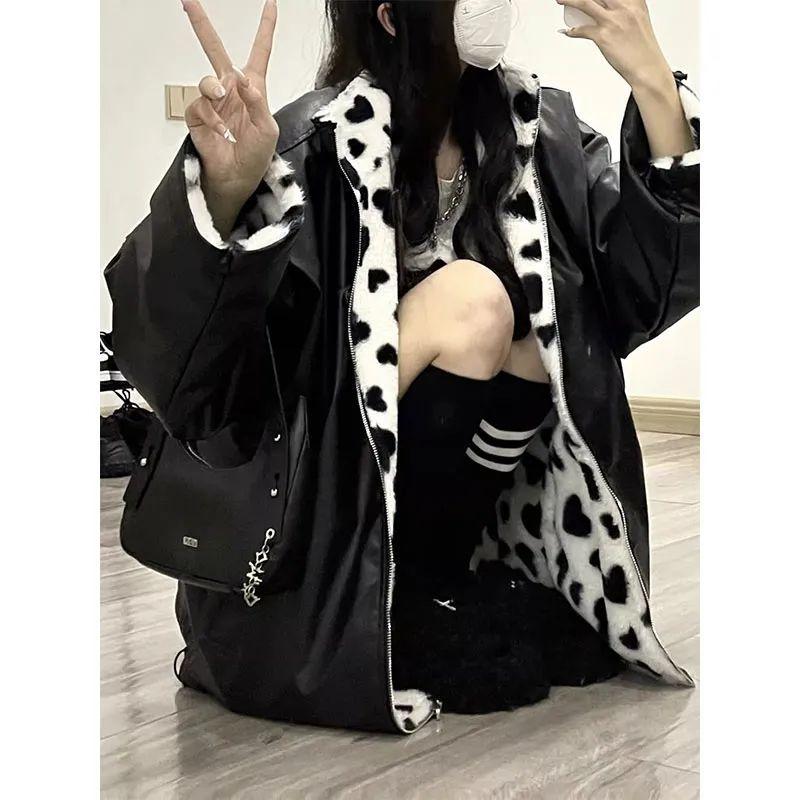 

Reversible Retro Artificial Leather Jacket Women Autumn Winter American Ins Love Plush Y2K Harajuku Jacket Trendy Streetwear Casual Jacket XXL