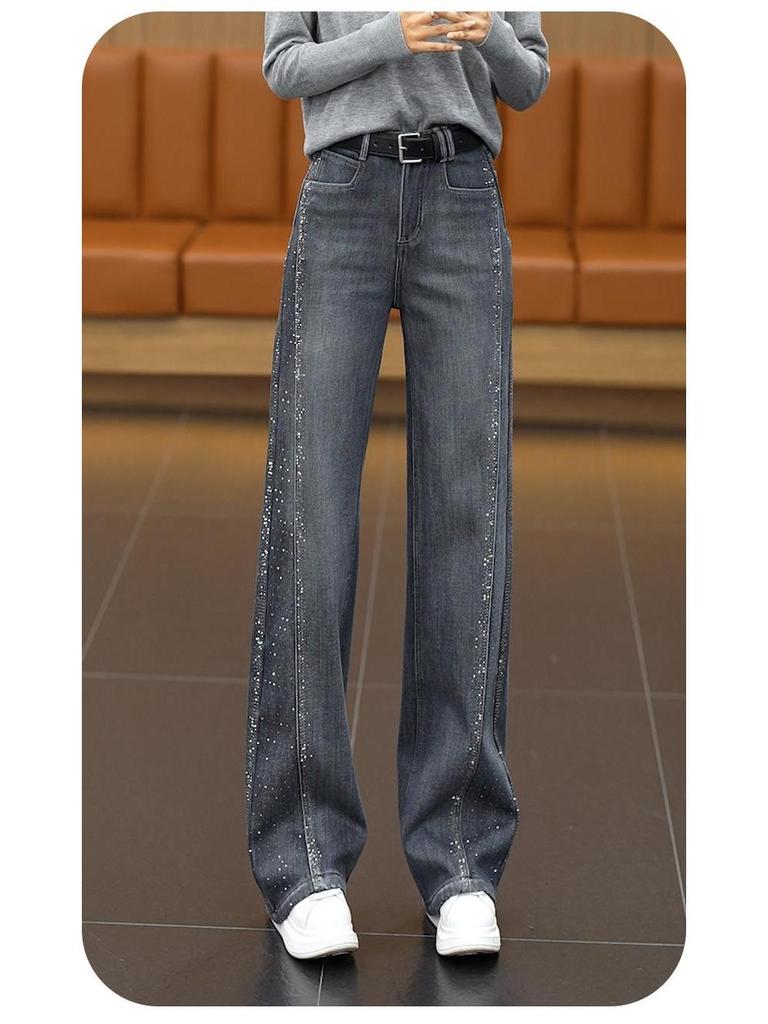 Retro Blue Rhinestone High-Waist Straight Leg Jeans for Women - Stylish, Versatile, Slimming Pants for Spring, Autumn, and Winter 2026