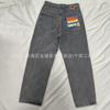 Mens Straight Fit Denim Skate Pants Water Washed Grey Embroidered Boy Letter Micro Stretch Cotton