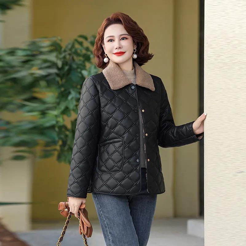

Женская зимняя куртка из искусственной кожи с подкладкой, модная куртка с подкладкой в западном стиле, теплая куртка с подкладкой из бархата для женщин среднего и пожилого возраста L чёрный