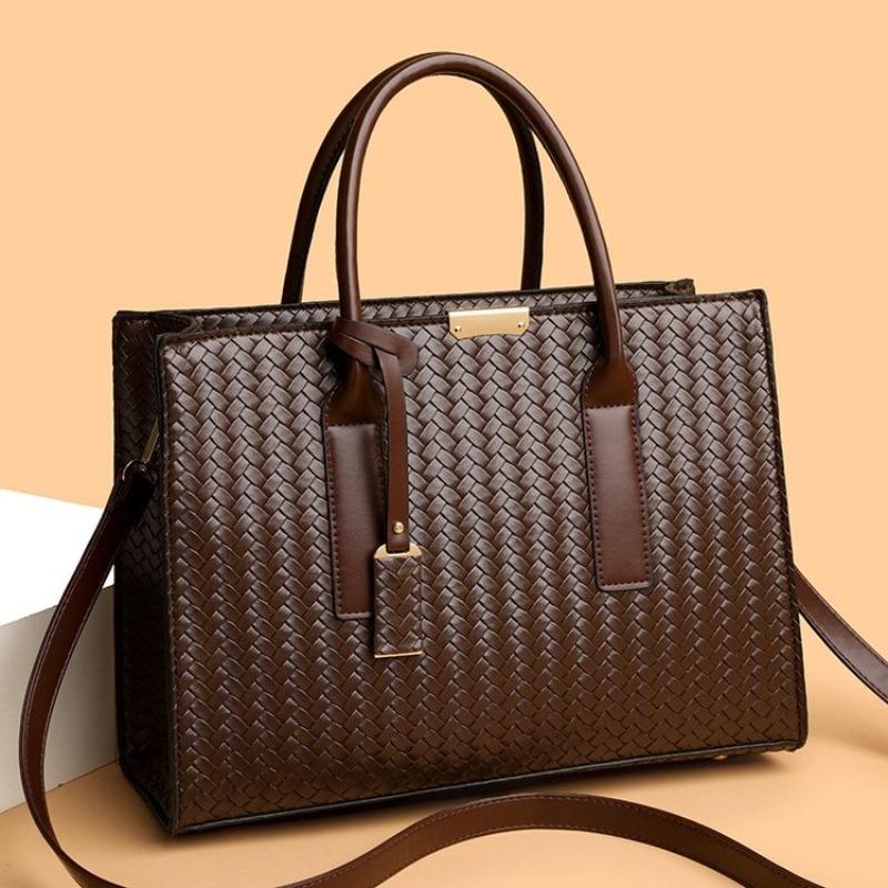 Women Woven Leather Tote Bag Large Capacity Handbag Top Handle Satchel Shoulder Bag for Work Business Daily