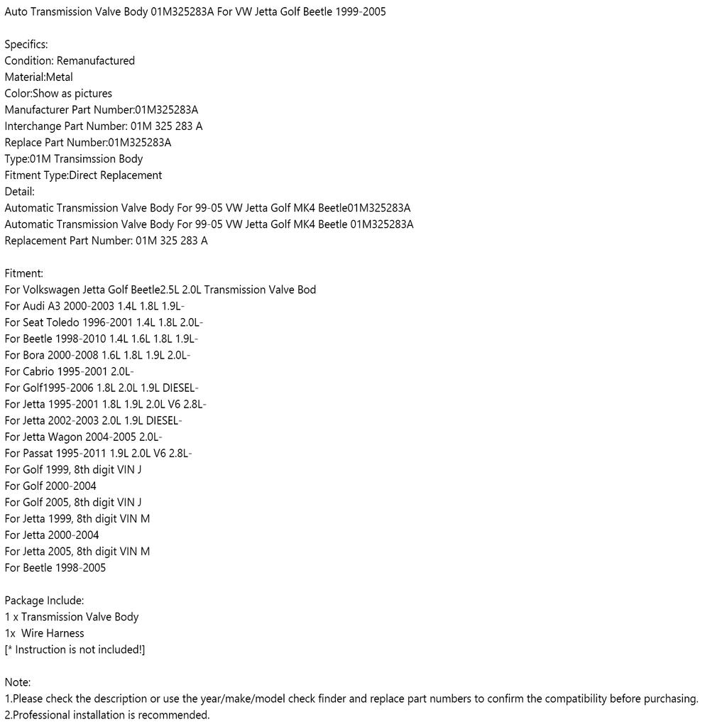 Auto Transmission Valve Body 01M325283A For VW Jetta Golf Beetle 1999-2005