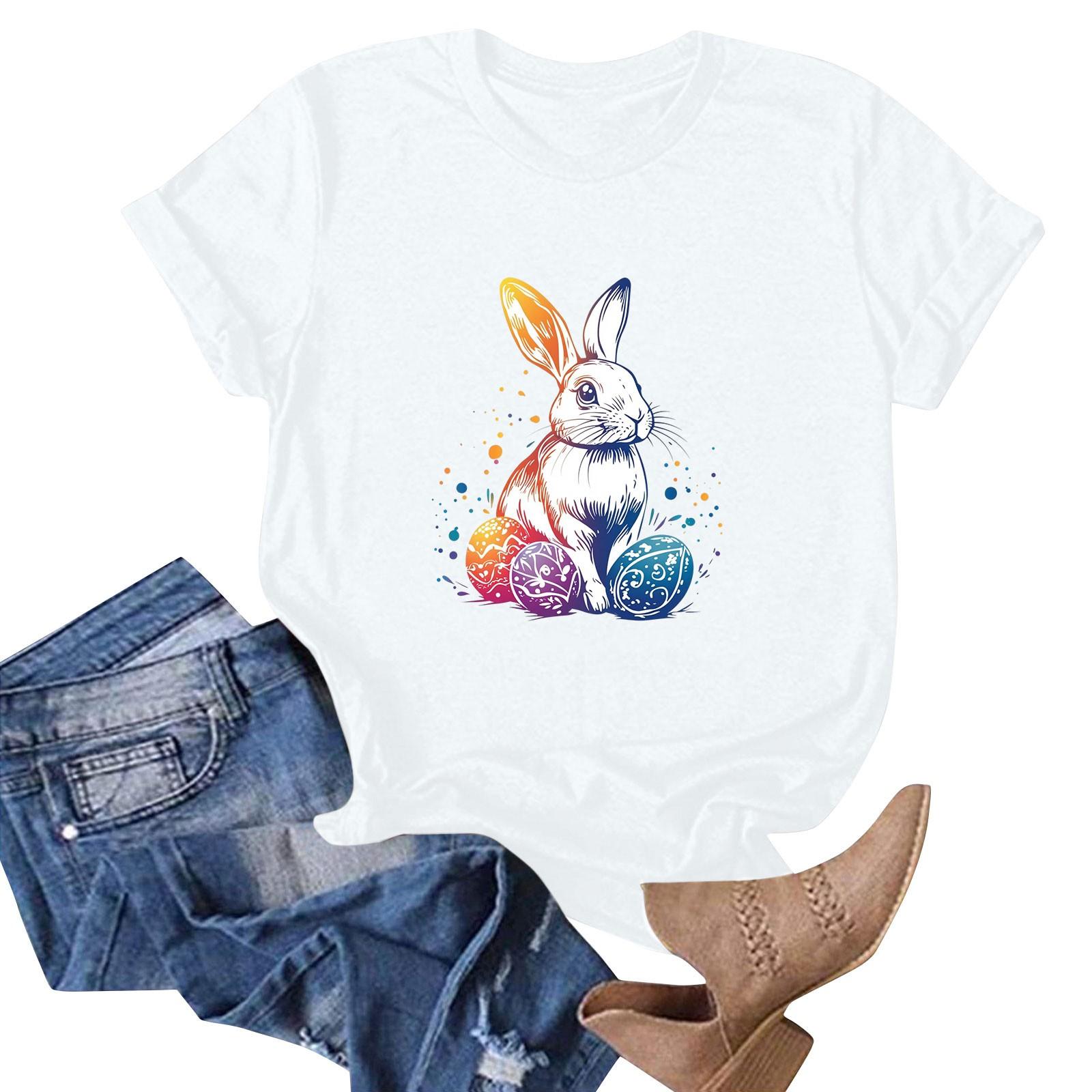 

Women s Easter Bunny Print Neck Short Sleeve T-Shirt Top XL білий