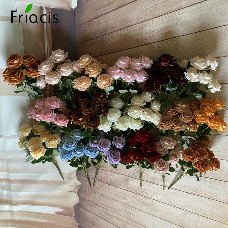 9 Hlav Hedvábných Simulačních Květin Oranžová Růže Kytice Domácí Dekorace Umělá Květina Diamantový Roh Růží Svazek Dekorace Obývacího Pokoj