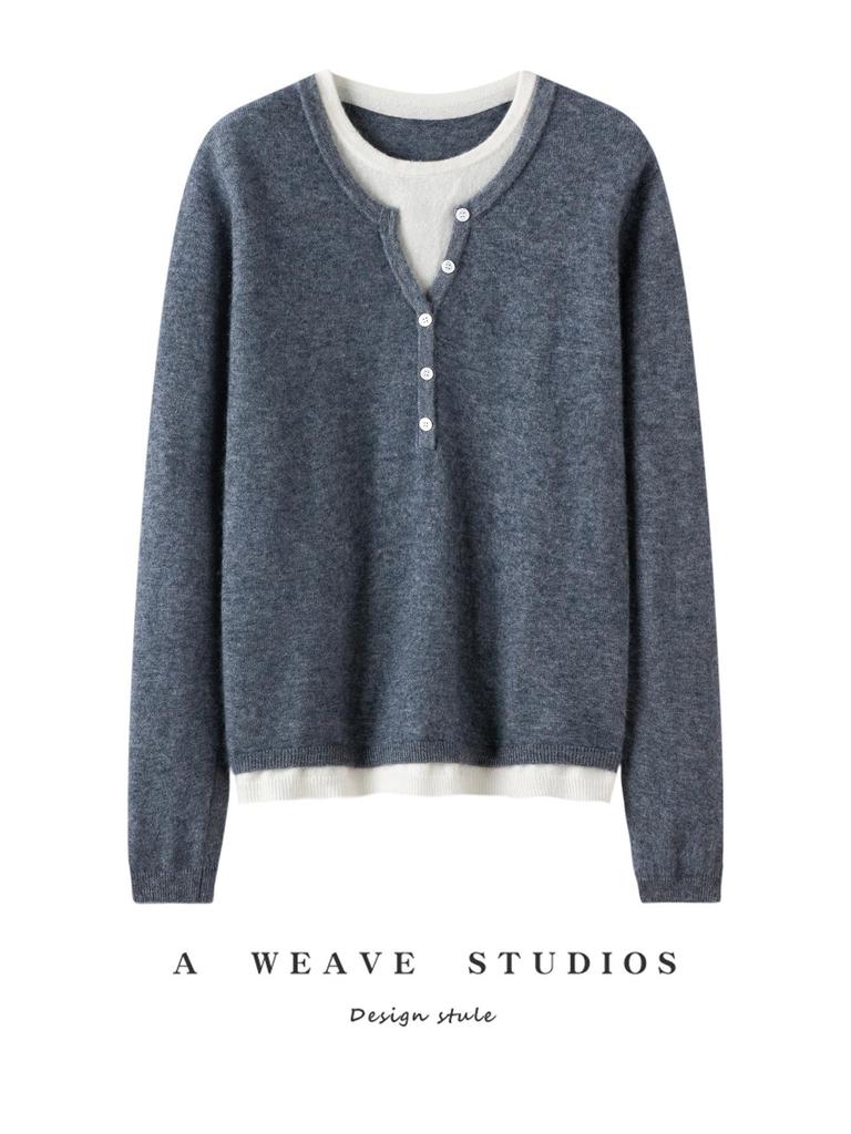 Women's Cashmere Color Block Knit Top: Autumn and Winter Pullover, Round Neck, Fake Two-Piece Design.