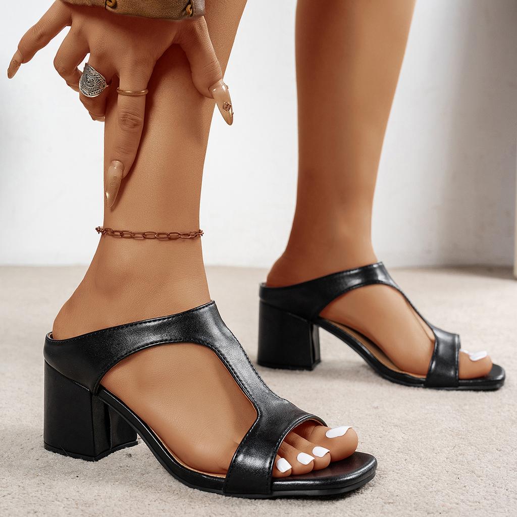 Fashion Women's High Heel Shoes 2025 Spring New Slippers Fashion Versatile Solid Color Medium Heel Thick Heel Square Toe Sandals Women